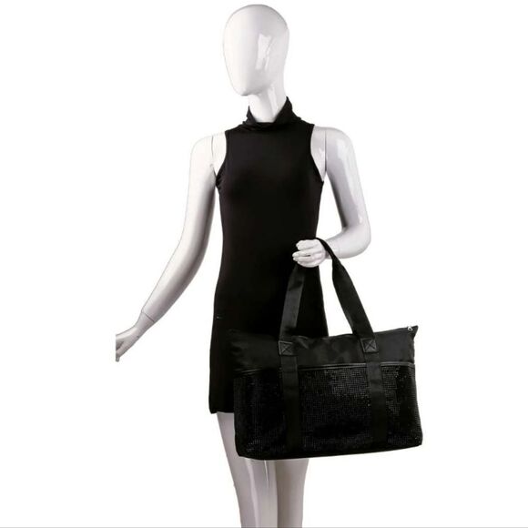 Gorgeous Black Oversized Tote Bling Bag Studded Weekender Activewear - Picture 7 of 8